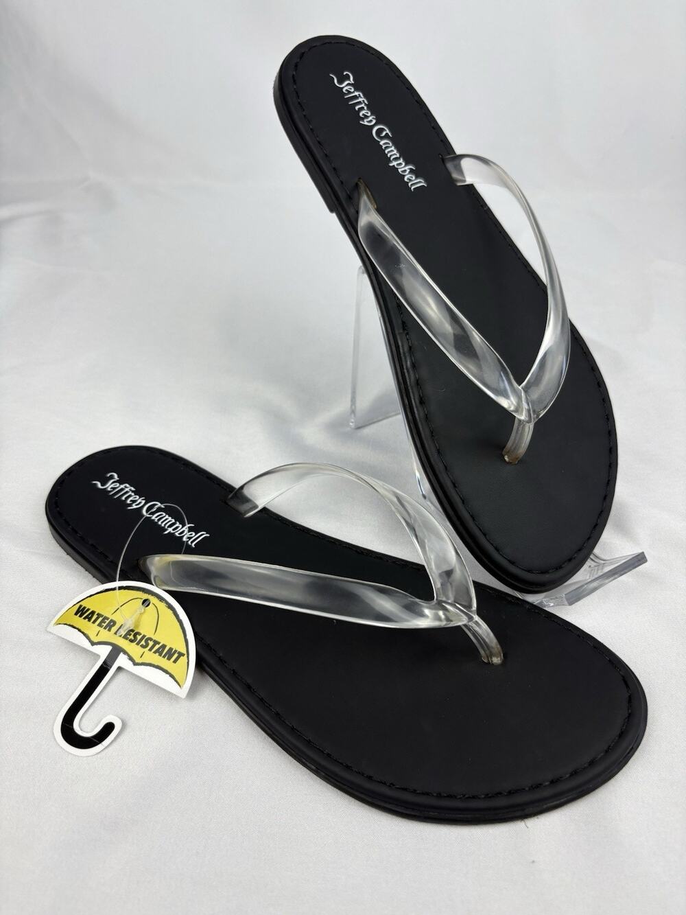Jeffrey Campbell Women’s Sz 8 Black Clear Strap Flip Flop Minimalist Sandals New